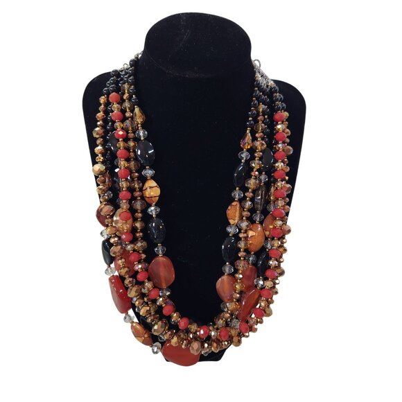 Multistrand Layered Beaded Necklace With Toggle Clasp In Red Black & Brown Tones - Picture 2 of 8